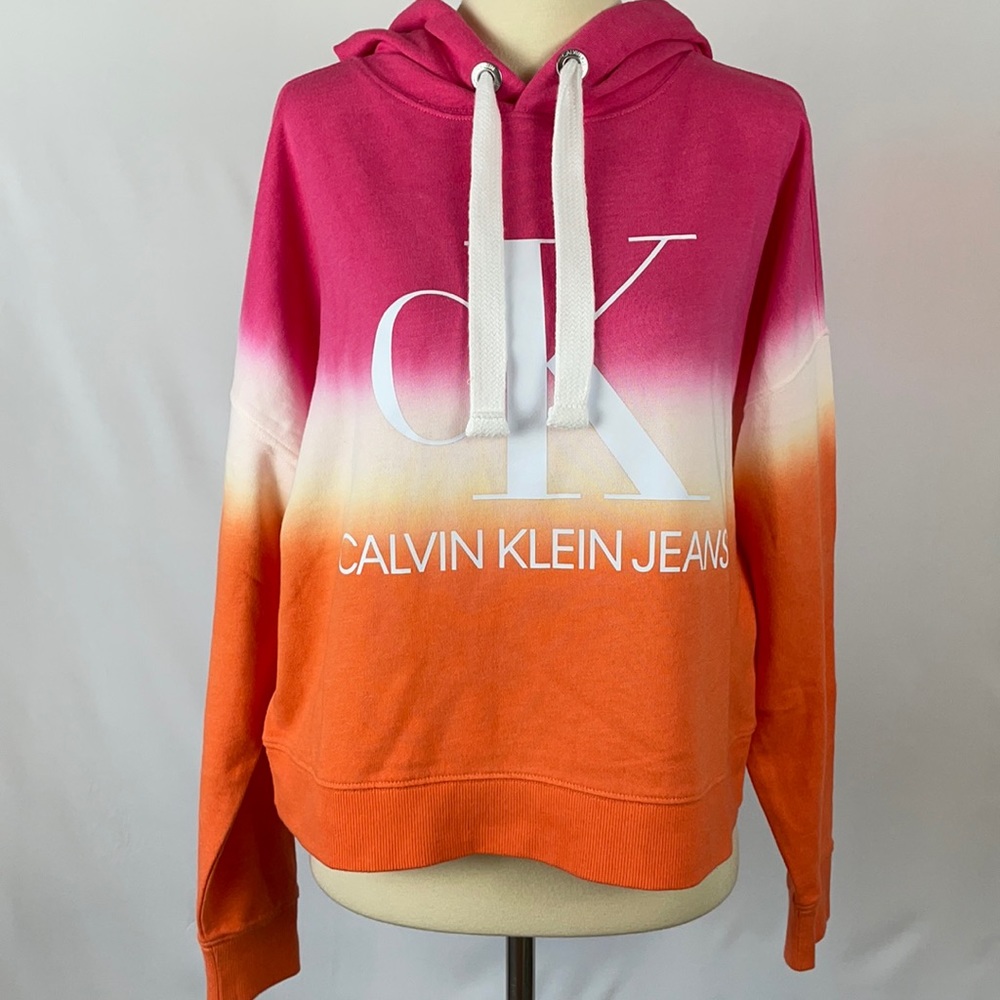 Calvin Klein Pink/Orange/White Ombre Oversized Cropped CK Logo Hoodie - Size XS